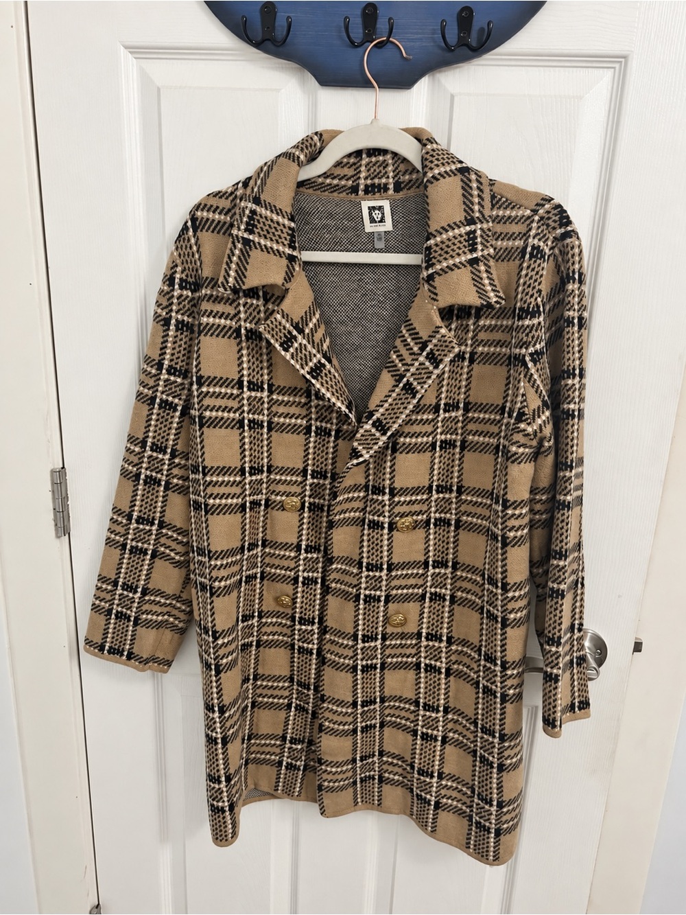 Anne Klein Tan, Black & White Plaid Double-Breasted Blazer
